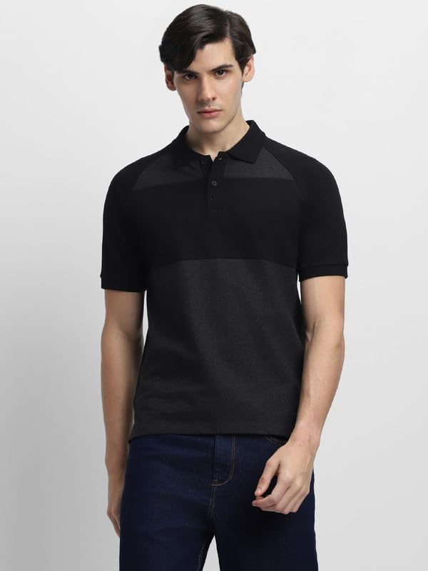 Image of Dennis Lingo Men's Black Cotton Polo Neck Tshirt, Regular Fit Half Sleeve