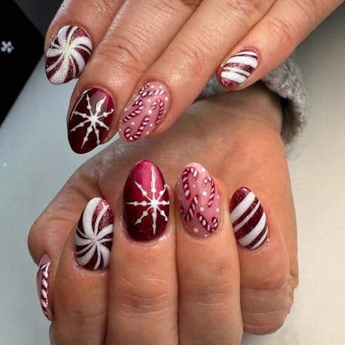 Christmas Press on Nails Short Oval Fake Nails False Nails with P...