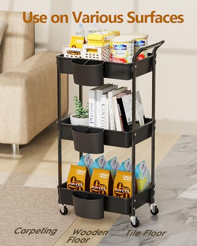 Foto von HBTower Rollwagen aus Kunststoff，Küchenwagen 3 Etagen, Servierwagen, mit extra hängenden Tassen, feststellbare Räder für Wohnzimmer, Küche, Büro, Schwarz