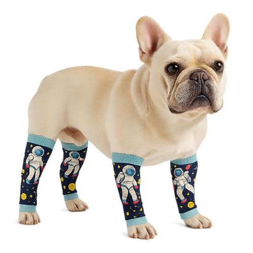 Image of Petwarm Dog Recovery Leg Sleeves 4pcs Set Astronaut Print - Soft Anti-Lick Joint Support Wraps for Small Dogs, Cone-Free Surgery Protection, Grey, S