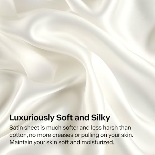 BEDELITE Satin Fitted Sheet and Pillowcase Set, Luxury Soft Similar to Silk Bottom Bed Sheet with Elastic Corner Straps, Deep Pocket up to 15 Inch, 1 Fitted Sheet and 1 Pillowcase(Twin XL,Ivory White)