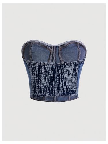 MakeMeChic Women's Denim Tube Top Shirred Sleeveless Bustier Tops Strapless Bandeau Y2k Crop Tops2