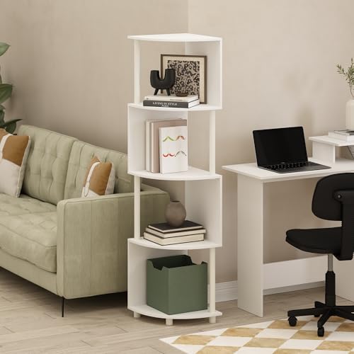 Image of Furinno ECON Corner Shelf, 4-Tier Corner Book Shelf, Zigzag Storage Shelves, Display Rack, Bookshelf, for Organization and Storage, Living Room, Home Office, White