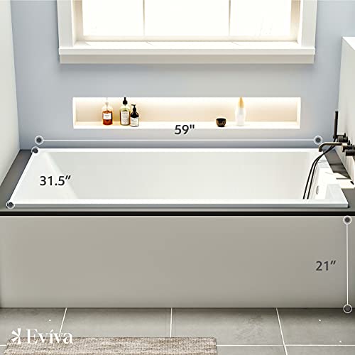 Eviva Teddy 59-Inch Acrylic Bathtub Non-Slip Deep Soaking Bathtub 62-Gallon Drop-In Modern Soaker Deep Rectangular Bath Tub For One Bather In Glossy White #TOP3