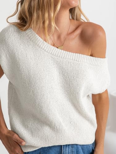 Balimtoy Women Off One Shoulder Crochet Sweater Top Asymmetrical Short Sleeve Loose Going Out Tops Casual Knit Tshirt2