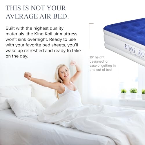 King Koil Luxury Pillow Top Plush Queen Air Mattress with Built-in High-Speed Pump Best for Home, Camping, Guests, 16" Queen Size Double Airbed Adjustable Blow Up Mattress, Waterproof, 1-Year Warranty