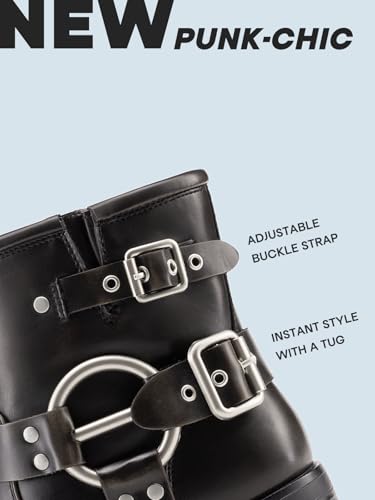 DREAM PAIRS Women's Ankle Boots Fashion Buckles Square Toe Motorcycle Riding Biker Boots Low Chunky Heel Fall Booties Shoes,Size 6,Black/Brown,DWUMAB2506