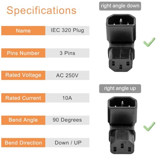 YGHSZ 2 Pack IEC 320 Male C14 to 90 Degree Down Right Angled Power Extension Connector Adapter 10A 250V for Monitor/Computer/PDU Chassis/Printer - Image 3