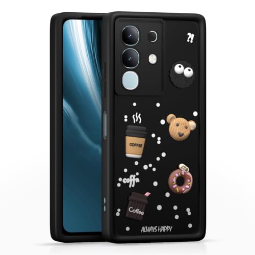 Image of Bintage Cute Fun Taddy Cartoon 3D Ball Bear Milk Donut Coffee Cup Silicon Case Full Body & Camera Protection Back Cover Compatible for Vivo T4x 5G - Black