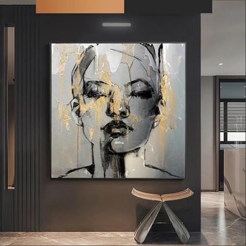 Peinture sur toile visage de fille dorée 80x80cm pour déco de salon moderne