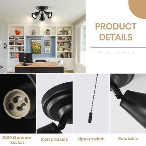 Image of 3‑Head Adjustable Ceiling Spot Light with Pull Chain, Matte Black Semi‑Flush Mount Ceiling Light Fixture, Multi‑Directional Rotatable Spotlight E26 for Hallway Kitchen Bedroom