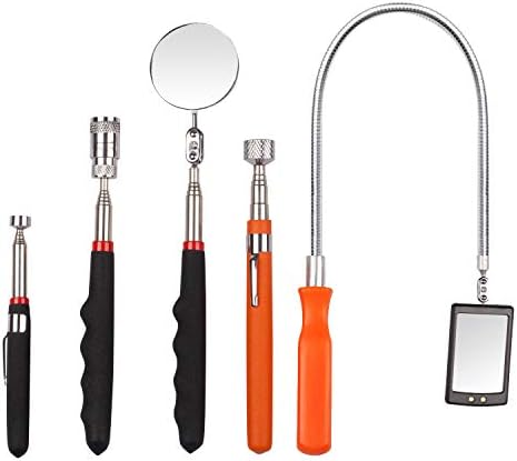 5 Pieces Telescoping Magnetic Pick-Up Tool,including 10 lb/ 8 lb/ 5 lb Pick-Up Rod and Round/Square Inspection Mirror Set,Telescoping Handle 360 Swivel with LED Light for Extra Viewing Pickup Dead An