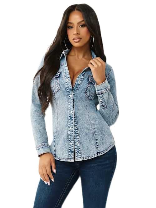 Chemise western denim True Religion femme bleu confortable en taille XL