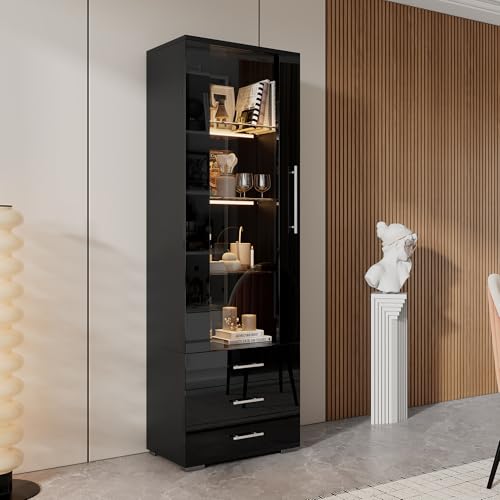 Merax Vitrine en verre avec éclairage LED, meuble de rangement brillant noir avec portes et 3 tiroirs, buffet haut de 180 cm, bibliothèque, buffet de...