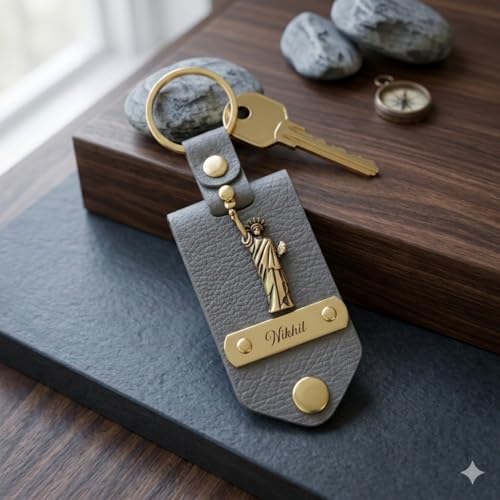 Image of Personalised Leather Keychain with Custom Name & Charm, Unisex, Modern Style, Customisable