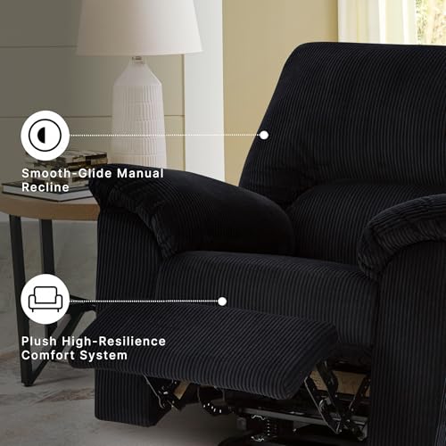 Image of Signature Design by Ashley SimpleJoy Rocker Recliner, Black | Buttery-soft polyester corduroy, Quick 1-step assembly, Oversized manual reclining seat for living rooms