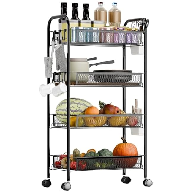 3/4/5 Tier Fruit Basket for Kitchen, Stackable Metal Mesh Storage Basket with 360 Degree Wheels, Fruit Vegetable Produce Storage Organizer for Kitchen, Pantry, Bathroom Black 4-Layers-YmuuCiC6