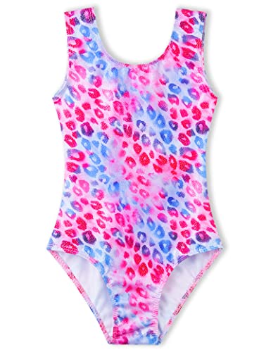TENVDA Gymnastics Leotards for Girls 7-8 Years Old Sparkle Pink Leopard Flowers Print Tank Sleeveless Bodysuit Tumbling Outfit