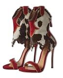 Beauty Cry Womens Red Cowboy Heels Stiletto High Zipper Open Toe Sandals with Embroidered Suede Fur for Music Festival
