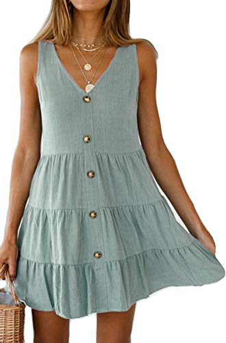 Halife Tiered Dresses for Women Casual Swing Button Down Dress Sleeveless V Neck Light Green M