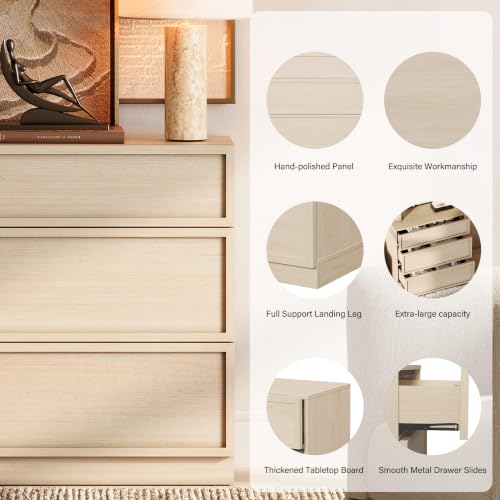Image of WAMPAT Wided Nightstand with 3 Drawers, Modern Tall End Table with Large Storage for Bedroom, Bedroom Wooden Side Table and Closet Organizer, Beige, 2 Pcs