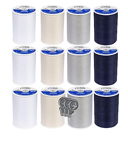 Coats & Clark Dual Duty All Purpose Sewing Thread 230A 400 Yards Each Spool 12 Pack Bundle with Bellas Crafts Needle Threaders (White Natural Nugrey Black)