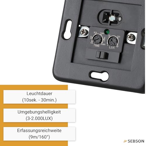 SEBSON Bewegungsmelder Innen Unterputz, LED geeignet, Wand Montage, IR Sensor programmierbar - passend für Hohlraumdose 68mm - Reichweite 9m/160°