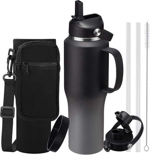 Image of Insulated Water Bottle 32 OZ - with Straw & Pop-up Spout Lid, Keep Cold-48H Hot-12H, Stainless-Steel with handle for Women Men, Metal Flask Water Bottle Fits in Cup Holder