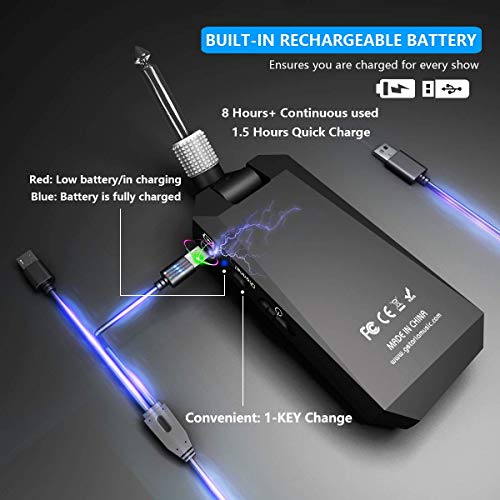 Getaria 5.8GHz Wireless Guitar System Rechargeable Audio Guitar System Wireless Digital Transmitter Receiver Set for Electric Guitar Bass (Silver Black) - Thumbnail 3