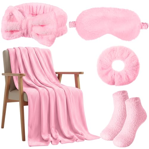Zeyune 5 Pcs Birthday and Get Well Gifts for Women Pink Blanket and Socks Set Include 40" x 60" Throw Blanket, Spa Headband, Scrunchies, Eye Mask and Socks for Sleepover Slumber Self Care Gift