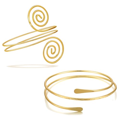 BROCC 2PCS Gold Coil Swirl Upper Arm Bracelet for Women Open Upper Arm Cuff Bangle Armlet Gold Silver Adjustable Armband Bracelet Set