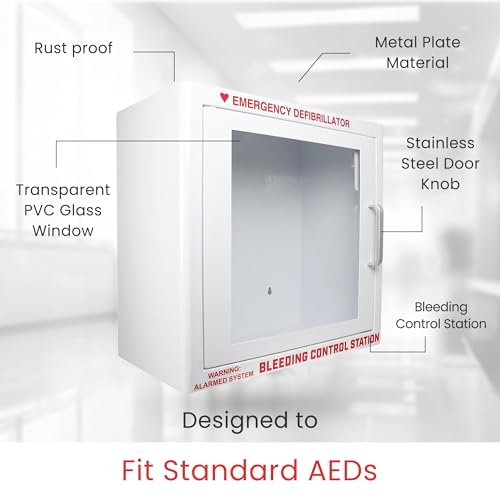 Image of AED Wall Mounted Cabinet with Bleeding Control Kit Storage, AED defibrillator for home, Large 17.4x17.3x6.9 Inch, Durable Metal Cabinet with Clear Window & Door Activated Alarm, AED cabinet wall mount