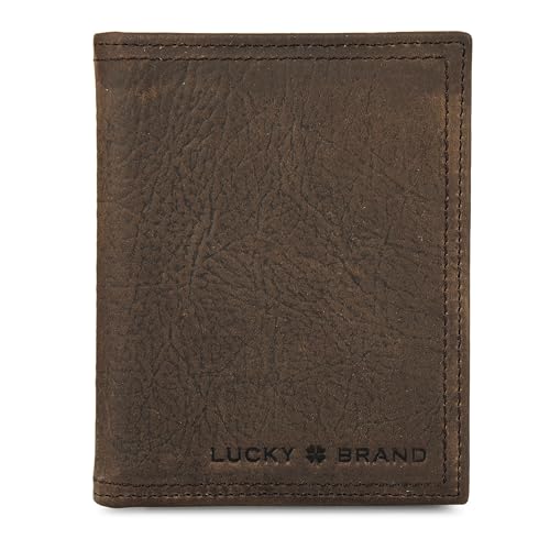 Lucky Brand Men's Trifold Wallet | ID Window | Card Slots Organization | Durable | Stylish, DBL Stitched Leather-Brown, L-Fold