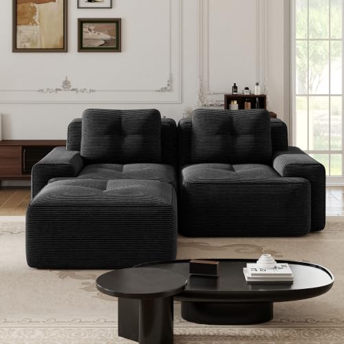Image of 82 inch L Shaped Modular Boneless Couch with Movable Ottoman, 2 Seat, Soft Corduroy Fabric, Deep Seat Cloud sectional Sofa with Pearl Like Piping and Tufted Design, No Assembly, Anti Slip, Black