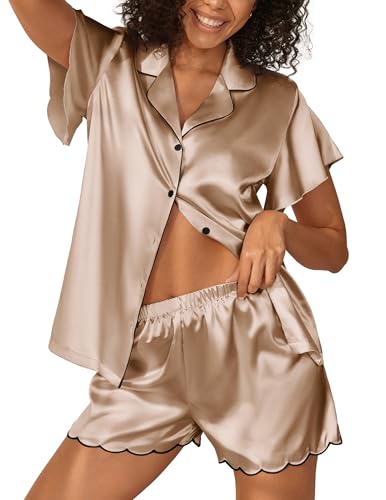 Ekouaer Women's Classic Button Down Ruffle Sleeves Short Satin Silk Pajama Set