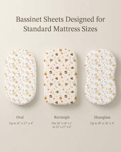 Image of Bassinet Sheets for Baby Girls Boys 2 Pack, Fitted Baby Mattress Sheet for Rectangle, Oval, Hourglass Bassinet Mattress, Breathable Cozy & Universal Fit (Honeybee Dreams, Bassinet Sheet)