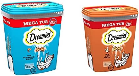 Dreamies Cat Treats, Tasty Snacks with Delicious Salmon, 2 Tubs of 350 g & Cat Treats, Tasty Snacks with Delicious Cheese, 2 Tubs of 350 g