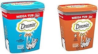 Dreamies Cat Treats, Tasty Snacks with Delicious Salmon, 2 Tubs of 350 g & Cat Treats, Tasty Snacks with Delicious Cheese, 2 Tubs of 350 g