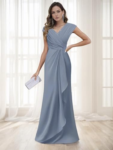 Mother of The Bride Groom Dresses for Women V Neck Cap Sleeve A Line Appliqued Long Length4