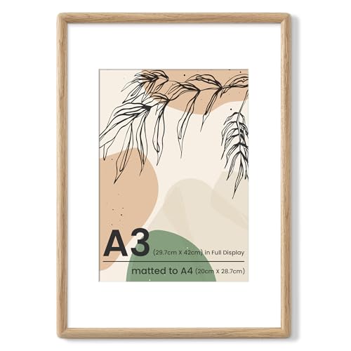 Axeman A3 オーク材木製フォトフレーム、丸みを帯びた角、ほぞ組構造、A4サイズの写真用マット付き（フレーム外寸A3）、強化ガラス、壁掛け対応