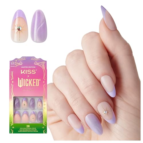 KISS X WICKED: FOR GOOD Press On Nails Almond Find Your Courage Purple Medium Waterproof Chip Proof Smudge Proof 28 Fake Nails Pink Gel Nail Glue (2g) Mini Nail File & Manicure Stick