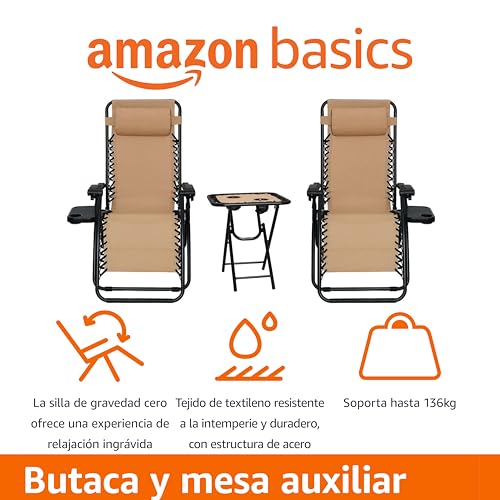 Miniatura 4 de Amazon Basics Sillas Con Gravedad Cero Y Mesa Auxiliar, Para Oficina, Plegable, Soporte De Cabeza, Reclinable, Acero Aleado, Paquete De 2, Beige