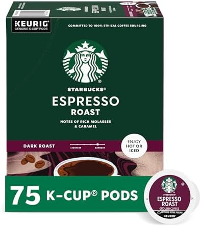 Starbucks K-Cup Coffee Pods, Dark Roast Coffee, Espresso Roast for Keurig Coffee Makers, 100% Arabica, 1 Box (75 Pods)
