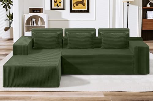 Image of HABUTWAY Sectional Couches for Living Room,No Assembly L Shaped Couch 105 inch Modular Sectional Sofa Couch with Deep Seat,Cloud Couches Furniture Sets for Apartment,Corduroy (Green, Left Facing)