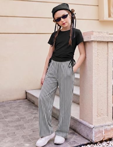 Image of Arshiner Girls 2 Piece Outfit Ruched Drawstring Tops and Wide Leg Pants Set