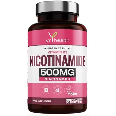 Vitamin B3 Nicotinamide, Niacinamide 500mg - 90 Vegan Niacin B3 Capsules Flush Free, for Skin, Energy Yielding Metabolism, Tiredness & Fatigue, One A Day, 3 Months Supply - Made in The UK by YrHealth Cover