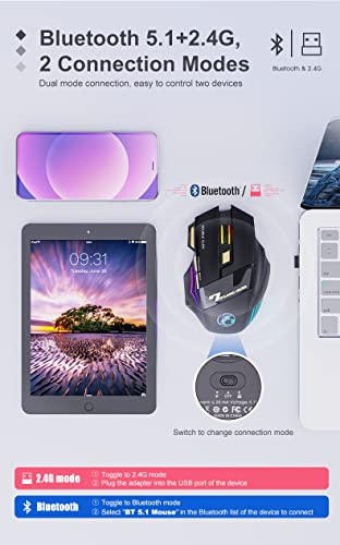 Ueme Wireless Gaming Mouse, Rechargeable Usb2.4G +Bluetooth Wireless Mice, With 7-Color Rainbow Luminous Optical Effect(Classic Black) #TOP2