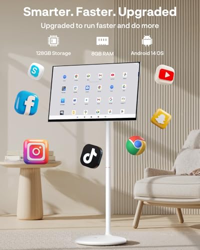 Image of SYLVOX 32 inch Smart Portable Monitor with Wheels, 1080P FHD Touch Screen, Android 14, 10000mAh Battery (4-5H), 8GB+128GB, Swivel Rolling Stand, Voice Remote, StandbyMe-Style Smart Screen for Streaming