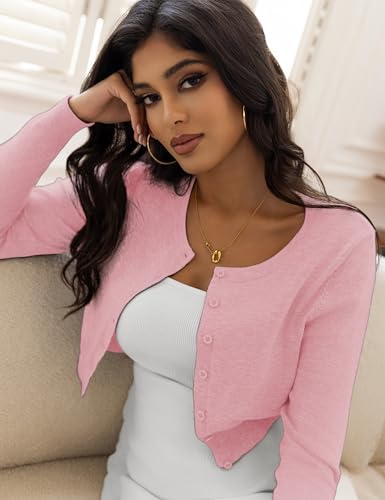 Image of Women's Cropped Cardigan Sweaters Crew Neck Button Down Open Front Knit Bolero Shrugs