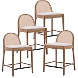 HEAH-YO Rattan Counter Stools Set of 4, 26 Inches Counter Height Bar Stools with Rattan Backs and Wood Legs, Uphlostered Linen Fabric Counter Height Stool for Kitchen Island, Beige